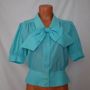 GIRL FRIDAY vintage pin up blouse pussy bow peplum 80s does 40s S
